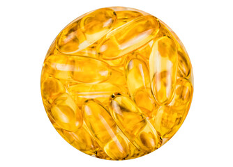 Fish oil orange yellow softgels capsules fish oil omega 3 in a circle - view of pharmacy jar from...