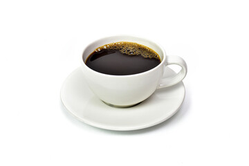 Obraz premium Clipping path. White cup Black Coffee isolated onwhite background. Close up of Black Coffee white cup. Top view.