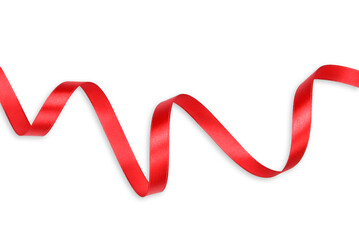 Clipping path. Top view of Rolled shiny red ribbon on white background view. Flat lay crative idea design. Red ribbon photo.