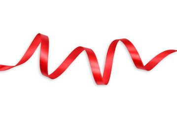 Clippinh path. Flat lay(Top view) of Rolled ribbon shiny isolated on white background view. Sign Ribbon red rolled. Decoration party.