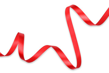 Clipping path. Top view(Flat lay) of Shiny red ribbon rolled isolated on ehite background view. Ribbon roll decorative object.
