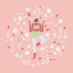 Meditating woman surrounded with flowers birds leaves . Vector illustration