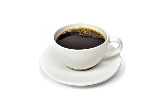 Clipping path. White cup Black Coffee isolated onwhite background. Close up of Black Coffee white cup. Top view.