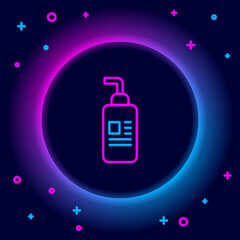 Glowing neon line Cream or lotion cosmetic tube icon isolated on black background. Body care products for woman. Colorful outline concept. Vector