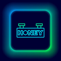 Glowing neon line Hanging sign with honeycomb isolated on black background. Signboard icon. Honey cells symbol. Sweet natural food. Colorful outline concept. Vector