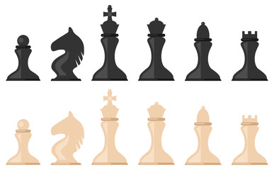 Chess pieces, white and black chess pieces isolated on white background. Vector illustration.