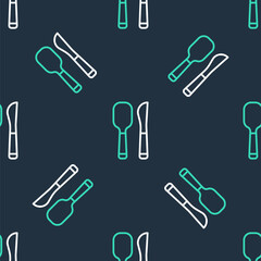 Line Knife and spoon icon isolated seamless pattern on black background. Cooking utensil. Cutlery sign. Vector
