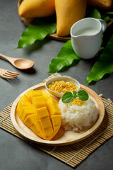 fresh ripe mango and sticky rice with coconut milk on dark background