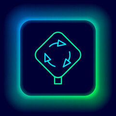 Glowing neon line Roundabout traffic icon isolated on black background. Traffic circle road sign. Colorful outline concept. Vector