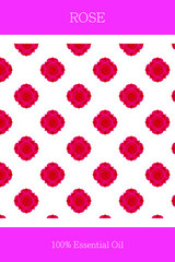 Essential oil banner or label. Rose essential oil. Scalable rose pattern. Cosmetics packaging design. Template on the theme of aromatherapy.