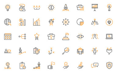 set of business startup thin line icons, management, research