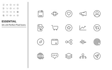 set of essential thin line icons, app, business, communication, social media