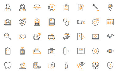 set of health thin line icons, hospital, online service