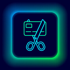 Glowing neon line Scissors cutting a credit card icon isolated on black background. Online payment. Cash withdrawal. Financial operations. Shopping sign. Colorful outline concept. Vector
