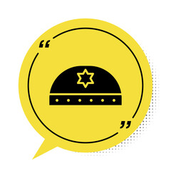 Black Jewish kippah with star of david icon isolated on white background. Jewish yarmulke hat. Yellow speech bubble symbol. Vector Illustration