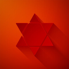 Paper cut Star of David icon isolated on red background. Jewish religion symbol. Symbol of Israel. Paper art style. Vector Illustration