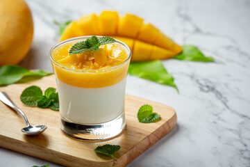 Homemade mango yoghurt on marble backgroud