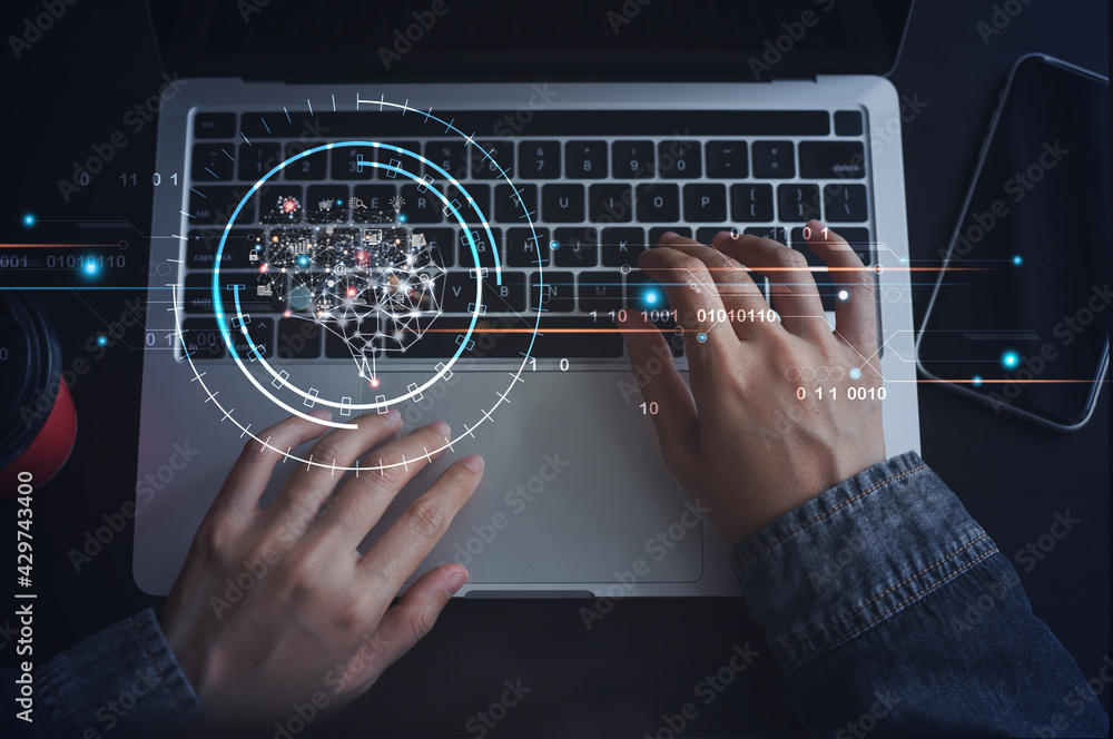 Poster ai artficial intelligence, iot internet of things concept, man working on laptop computer with brain
