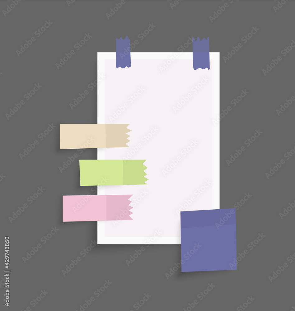 Poster paper notes stickers. place for memo messages on paper sheets. attached with sticky colorful tape on
