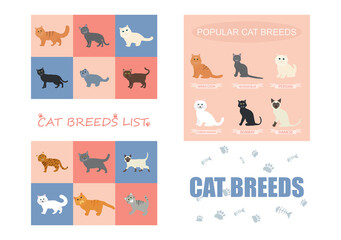 Group of Cute Cat Breeds List Cartoon Animal Illustration To Background or Wallpaper