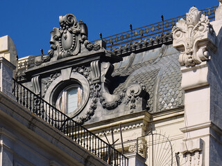 Fototapeta premium Eclectic Classic building with beautiful mansard slate roof in the historic city center of Madrid. Spain. 
