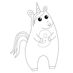 Cute fairy unicorn holding number 9 nine, coloring book in outline style, simple vector illustration