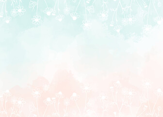watercolor light green and old rose peach pink splash background with white doodle line art wild chamomile flower