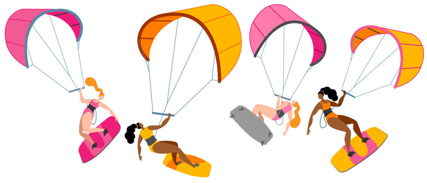 A girl on a board is engaged in kitesurfing. A set of vector isolated images with a surfer girl. 