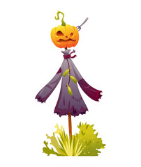 Scarecrow was put on a stick. Stylized cartoon character. Vector icon for decoration rural meadow