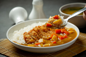 fried pork cutlet curry with rice on dark background