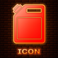 Glowing neon Canister for gasoline icon isolated on brick wall background. Diesel gas icon. Vector
