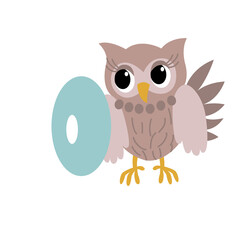 Owl animal alphabet symbol. English letter O isolated on white background. Funny hand drawn style character. Learn kids to read with cute toy illustration