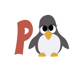 Penguin animal alphabet symbol. English letter P isolated on white background. Funny hand drawn style character. Learn kids to read with cute toy illustration