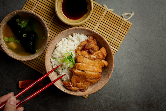 Toriyaki chicken on dark background