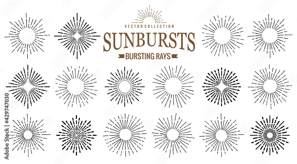 Poster sunburst icon set. retro hand drawn sparkle. geometric sun beams in different forms. bursting rays d