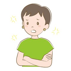 腕を組んでイライラするショートヘアの女性（手描き風）