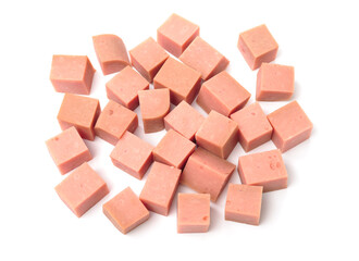 Pile of shredded pizza ham isolated  on white background