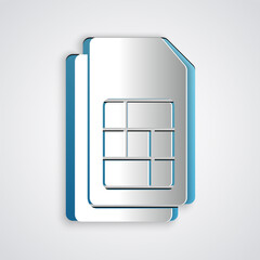 Paper cut Sim card icon isolated on grey background. Mobile cellular phone sim card chip. Mobile telecommunications technology symbol. Paper art style. Vector