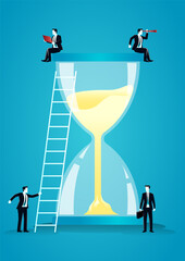 vector illustration of businessman sitting and standing around hourglass. describe teamwork and time management. business concept illustration