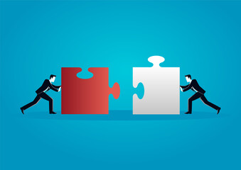 vector illustration of businessman push puzzle pieces. describe teamwork, solution, cooperation, target and strategy. business concept illustration
