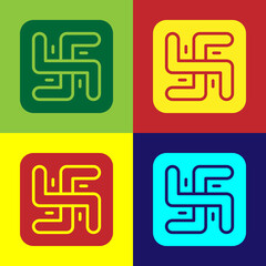 Fototapeta premium Pop art Hindu swastika religious symbol icon isolated on color background. Vector