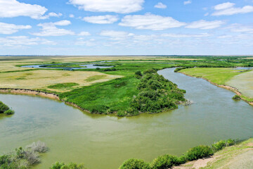 Fototapeta na wymiar river in the steppe of kazakhstan green grass