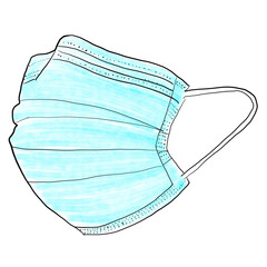 Hand drawn illustration of a light blue surgical mask. Surgical, medical face mask that protects airborne diseases, viruses. Coronavirus. Defence from air pollution
