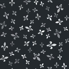 Grey Fleur De Lys icon isolated seamless pattern on black background. Vector
