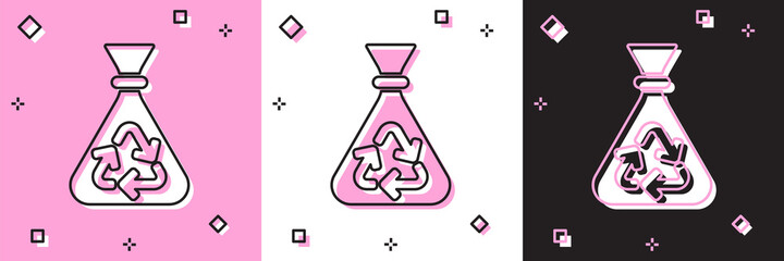 Set Garbage bag with recycle symbol icon isolated on pink and white, black background. Trash can icon. Recycle basket sign. Vector