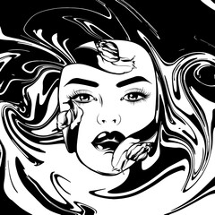 Vector hand drawn illustration of girl's face with snails  . Surreal tattoo artwork. Template for card, poster, banner, print for t-shirt, pin, badge, patch.