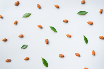 pattern of almonds nuts and green leaves arrange on white background