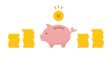 お金とブタの貯金箱のイラスト　貯蓄　貯める　節約　コイン　硬貨 © yugoro