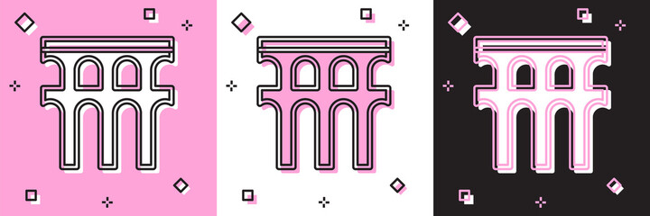 Set Aqueduct of Segovia, Spain icon isolated on pink and white, black background. Roman Aqueduct building. National symbol of Spain. Vector