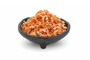 Small dried shrimp on a black cup with isolated white background.